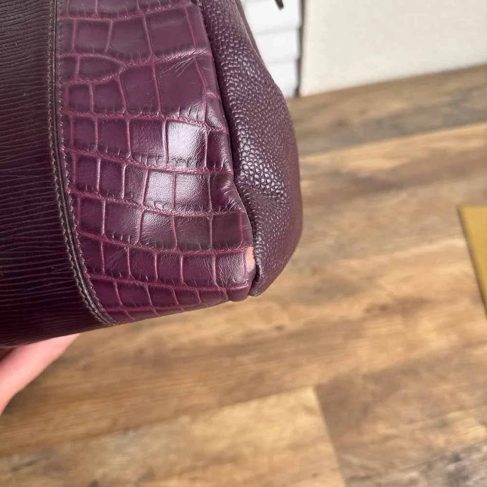 Henri Bendel Leather Patchwork Satchel Burgundy Croc Embossed Limited Edition